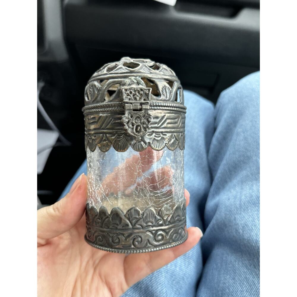 Vintage Clear Crackle Glass Incense Holder | Mixed Metal, Decorative Home Decor